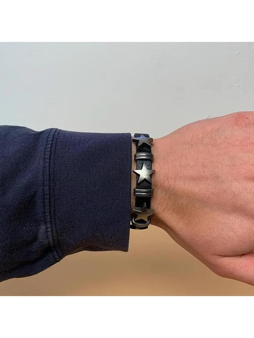 Cyber Y2k style silver star black leather bracelet. Adjustable. Cool design
